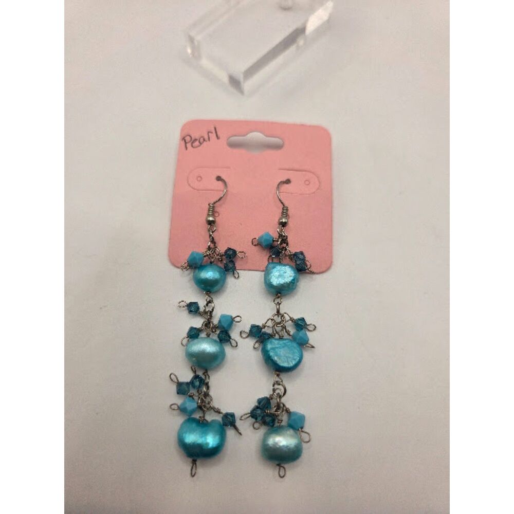 1888. Vintage Boho Aqua Blue Baroque Pearl & Crystal Tiered Dangle Earrings